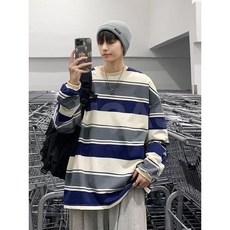 臺灣爆品-條紋長袖t恤男款2025新款圓領百搭潮流ins撞色打底衫秋裝情侶外套