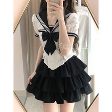 JK制服套裝 海軍領撞色拼接蝴蝶結襯衣高腰蓬蓬裙, 上衣【單件】,S