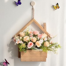 Honou's Mansion 木質小屋壁掛花器 牆面裝飾, 1個, 珊瑚玫瑰粉+木質小房子
