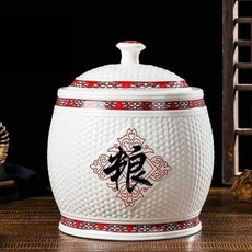 【台灣出貨】景德鎮陶瓷米缸米桶器5L/10斤/20斤/25斤/30斤儲物罐帶蓋防潮蟲家用, 招財進寶,5斤水無贈品, 1個