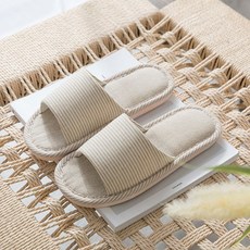 바른 하루종일 편안한 컴포트 면 린넨 스트라이프 슬리퍼, 1개, 베이지