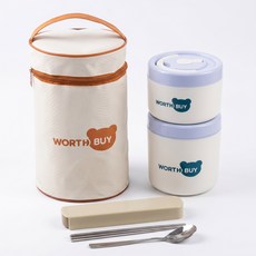 완벽밀폐 304 스텐 보온 도시락통 세트 보온백 수저 포함 직장인, 1세트, 1200ML 2단 블루화이트