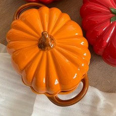 陶瓷南瓜造型雙耳湯碗 附蓋 家用餐具, 橙色橢圓大南瓜湯鍋 16 箱, 1個
