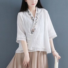 여성 생활한복 리넨 카디건 버클 패치 셔츠 개량한복 코튼 상의