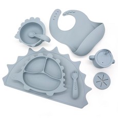 이유식 유아식기 세트 - 흡착 식판 + 흡착볼 + 수저 세트 + 물컵(빨대 스낵컵 포함) + 턱받이, 공룡 블루, 1개, 부들부들 이유식기