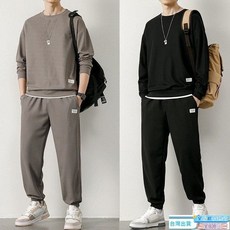 華夫格衛衣套裝男士秋冬季新款潮假兩件圓領休閒運動男裝一套 休閒套裝 運動套裝 日韓風 潮流套裝