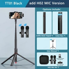 자동 팝업 삼각대 휴대용 70인치 올인원 셀카봉 iPhone Android용 Bluetooth 원격 기능이 있는 접이식 휴대폰 홀더, add H02 Mic - Black /