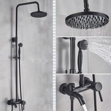 奧斯托米 復古全黑淋浴龍頭組 銅鑄造 陶瓷閥芯 8吋頂噴 手持花灑 高低可調, 1個, 全黑