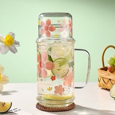 清新小花 耐熱高硼硅玻璃水壺 1100ml, 1只, 清新小花1100ml【透明色】1只, 透明色, 1.1L