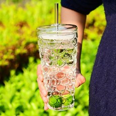 물고기 비늘 디자인의 마르 엠보싱 인어색 고보로실리케이트 유리컵 - 뚜껑과 빨대 포함 차 물 커피에 이상적 맑음, Clear