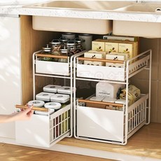 雙層抽拉式廚房收納櫃 水槽置物架 衛生間零食收納架 960112, 黑色-雙層抽拉40*23*39cm,廚房下水槽抽拉置物籃, 1個