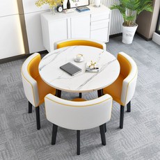 원탁테이블 의자 세트 사무실 리셉션 회의실 4인 로비, 인조 대리석 원형 테이블+옐로우 화이트