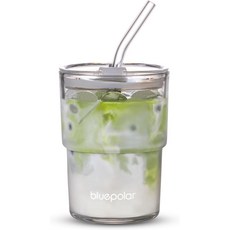 두꺼운 벽의 아이스 커피 컵 유리컵에 빨대와 뚜껑이 밀봉된 블루폴라 13온스400ml 유리 텀블러오로라 화이트를 담아 물 아이스티 과일 주스 등을 담을 수 있습니다, Aurora White-1Pack