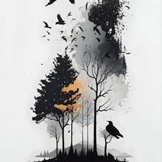 프레임리스 미니멀리스트 흑백 산 나무 풍경 포스터 인쇄 캔버스 그림 벽 예술 거실, 2. 1