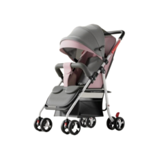 嬰兒推車 輕便摺疊 可坐可躺 四輪手推車, 四輪雙手收可坐躺-耦合粉-棉墊底框:如圖