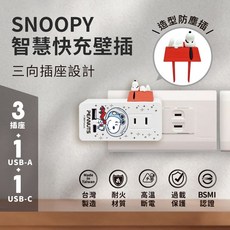 SNOOPY史努比 PD QC 智慧快充壁插(附紅屋造型防塵塞) 三面插座 台灣製 正版授權, 1個, 太空