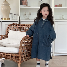 셔츠데님원피스 키즈 여아 청카라 긴팔 청치마