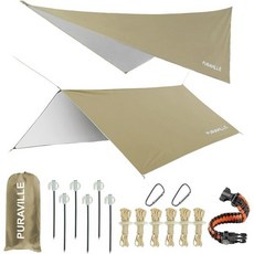 푸라빌 10x10 피트 직사각형 경량 캠핑 타프 휴대용 방수 해먹 레인 플라이 텐트 배낭여행용 카키, 10x10 ft, Kahki