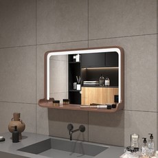 簡約INS風智能實木化妝浴室鏡子免打孔鏡櫃掛墻式一體浴室鏡, 水曲柳色（無LED燈款）,橫版（寬60厘米*高40厘米）