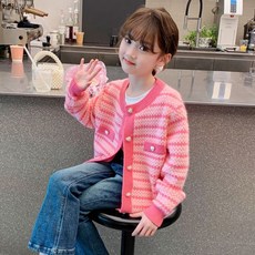 女童針織開衫毛衣，粉色條紋，春秋款上衣外套