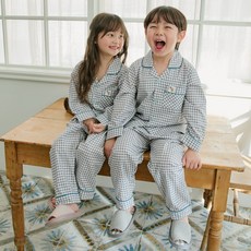 원더풀라이프 국산 순면 남아 여아 주니어 공용 링링 체크 긴팔 상하 잠옷 홈웨어 세트