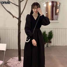 DFMEI 헵번 스타일 블랙 브이넥 긴팔 원피스 여아침 프렌치 빈티지 기품 웨이스트업 스커트