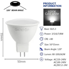 10PCS Foco MR16 GU5.3 기본 LED 전구 전체 전압 스포트라이트 AC DC12V 110V 220V 깜박임 없음 백색광 가, 01 120 degrees 6000K, 01 5w, 01 AC100-240V