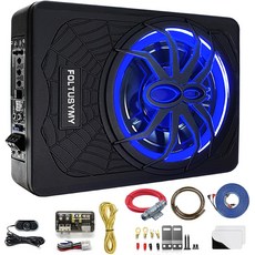 FOLTUSYMY 1200W 10인치 슬림 언더 시트 전동 카 서브우퍼 고저레벨 입력 카트럭 오디오 서브 내장 앰프 콤보 패키지 블루 LED 조명 포함