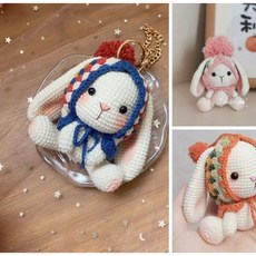 祖母格垂耳兔diy手工編織玩偶鈎織diy材料包針織兔子娃娃可愛掛件, 藍橘粉三個材料包（可做三個）無胡蘿蔔, 1個
