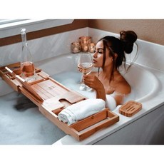 3-in-1 프리미엄 욕조 캐디 확장 가능한 팔과 조절 다리가 있는 노트북 책상 및 침대 트레이 - 무료 비누 접시 두 개의 스파 태블릿와인 유리캔들폰 홀더 포함 천연 대나무, 1개