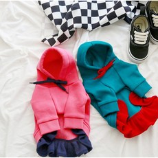 후드 프릴 티셔츠 강아지 겨울 옷, 블루