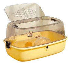 【現貨!豪宅!整組全配件】超大壓克力倉鼠籠 金絲熊適用 豪華別墅型透明飼養箱, 1個, 籠子+平台+跑輪+水壺, 黃色