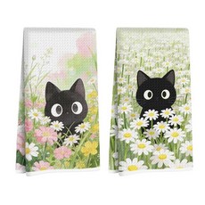 SRLDCR 검은 고양이 귀여운 주방 타월 2개 스프링 타월 핸드 데이지 재미있는 접시 욕실 홈 오피스 농가 아파트 스토브 오븐용 380794, Cat 02