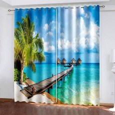 Lirzxin 창문 블랙아웃 커튼 90인치 길이 열 차단 커튼 아이렛 야자 나무 목교 및 바다 풍경 창문 커튼 실내 암막용 블루 그린 42 x