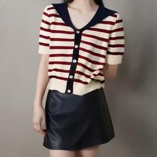 TRENDSY 데일리용 루즈핏 여성 썸머 반팔 마린 세일러 니트 가디건