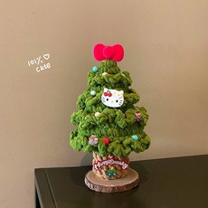 聖誕樹手工毛線鉤織擺件 蝴蝶結造型 聖誕節禮物擺飾, 1個, 綠色kitty聖誕樹成品（送底座和燈）