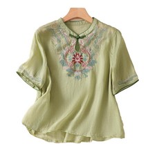 빛나는 판다 M 면 여성 반팔 톱 여름 마 개량복장 여성 C955R412 루즈핏 자수