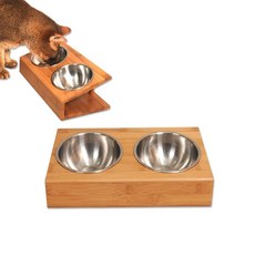 반려동물 대나무 경사식탁 스텐식기 사료그릇 물그릇 khm+8422Tk