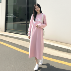 상상그이상 여성용 국내제작 간절기 메이저 원피스 빅사이즈 오버핏 면100 레터링 포인트 마실룩 홈웨어룩