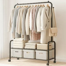 FODOSS 2단 업그레이드 대용량 튼튼한 이동식 가정용 행거 바퀴 달린 이동식행거, 검은색