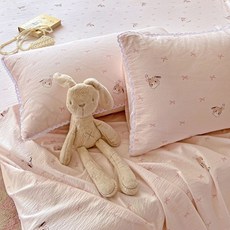 粉色蝴蝶結小兔子雙層紗花邊兒童臥室床單枕套組, 雙層紗牀單-藍茵河畔JMF,120*230cm單牀單