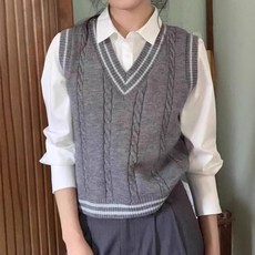 봄 신상품 대학 스타일 배색 V 칼라 스웨터 조끼 니트 베스트 외출용 패션 여성 의류