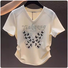 쌍천 여성 핫픽스 나비 브이넥 반팔티셔츠 예쁜 상의 방송댄스 라틴댄스 무대공연 아랑 고고장구 상의 A26011002
