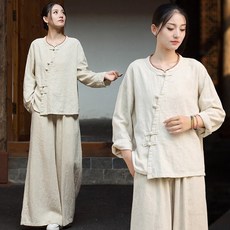 ORZQU 봄 상의 여성용 면 마 라운드넥 긴팔 셔츠 노칼라 남방 우아한 저고리 데일리 개량한복 상의
