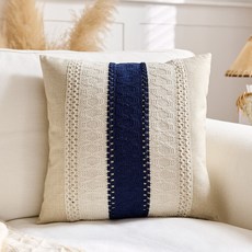 원목 면마 스타일 베이지색 고급 민박 모델룸 소파 쿠션 거실용 럭셔리 쿠션 커버, 45x45-단일 베개 커버, 흰색 바탕에 남색