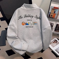 美式高街半拉鍊衛衣秋季印花立領淺灰色三條槓上衣