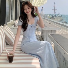 ZAJA 여성 롱 원피스 슬림핏 여름 솔리드 레이스 스퀘어넥 데일리 데이트룩