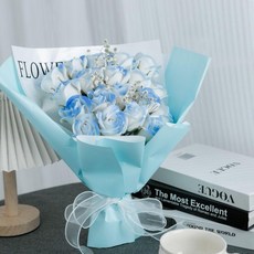 永生花香皂花束 生日禮物 送母親媽媽老婆 男女友 閨蜜, 滿天星11朵【碎冰藍】+送禮裝燈串+賀卡, 1個