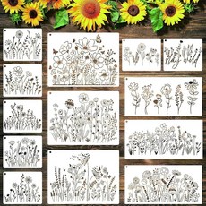 [ 841858 ] 페인팅용 야생화 스텐실 13개 재사용 가능한 봄꽃 벽 스텐실 원단 목재 가구 및 카드 제작용 DIY 꽃밭 식물 드로잉 템플릿, [ 841858 ] 페인팅용 야생화 스텐실 13개, 재