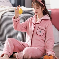 가을과 겨울 산호 양털 잠옷 여성 겨울 패딩 플러스 벨벳 플란넬 홈 의류 겨울 2021 새로운 정장, 콩 페이스트 스트립 로즈, 1개, XXL 코드